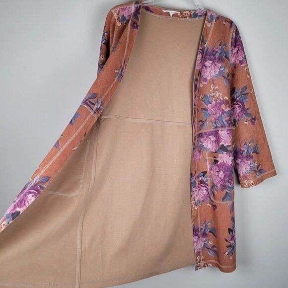 Solitaire Size S Floral Faux Suede Open Front Kimono Jacket Duster Multicolor - Picture 9 of 12